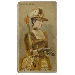 1888 N18 Allen & Ginter Parasol Drill Support Arms Victorian Woman Tobacco Card